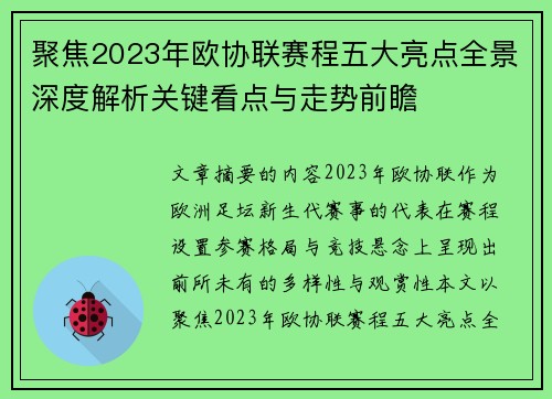 聚焦2023年欧协联赛程五大亮点全景深度解析关键看点与走势前瞻