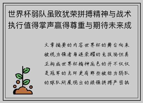 世界杯弱队虽败犹荣拼搏精神与战术执行值得掌声赢得尊重与期待未来成长